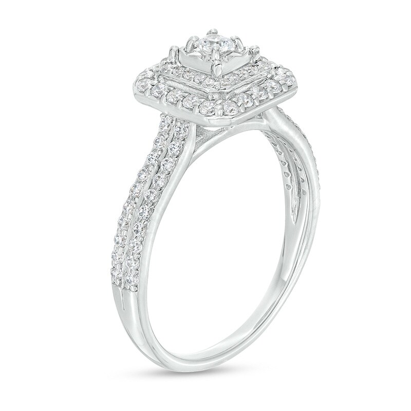Main Image 3 of Previously Owned - 1/2 CT. T.W. Princess-Cut Diamond Double Frame Double Row Engagement Ring in 10K White Gold (I/I3)