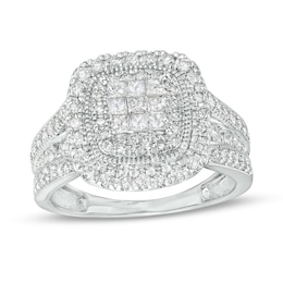 Previously Owned - 1 CT. T.W. Princess-Cut Multi-Diamond Cushion Frame Triple Row Engagement Ring in 10K White Gold