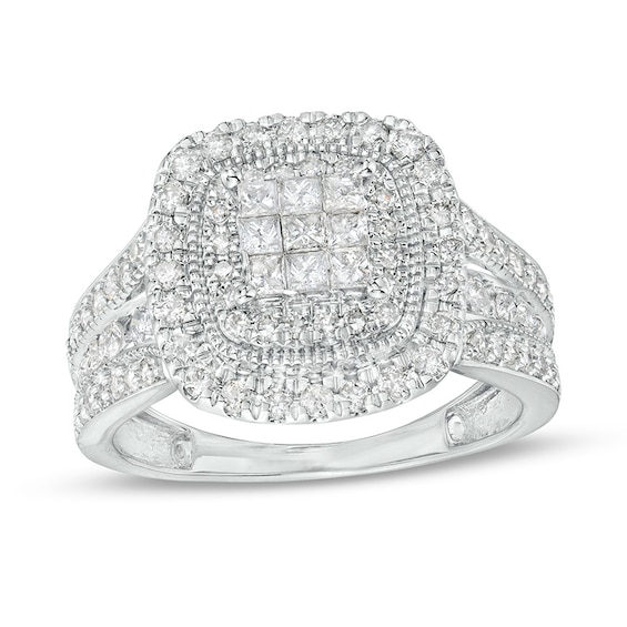 Previously Owned - 1 CT. T.w. Princess-Cut Multi-Diamond Cushion Frame Triple Row Engagement Ring in 10K White Gold