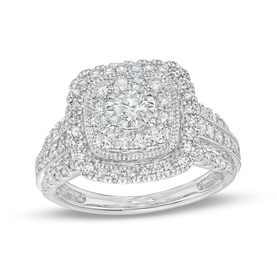 Previously Owned - 1 CT. T.w. Diamond Double Cushion-Shaped Frame Engagement Ring in 10K White Gold (J/I3)