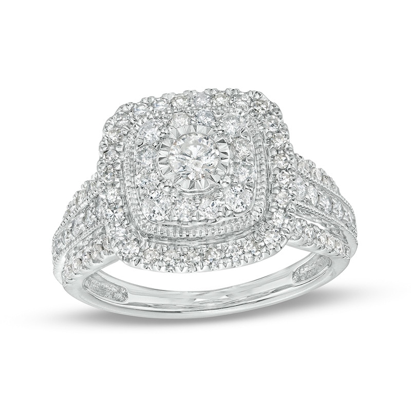 Main Image 1 of Previously Owned - 1 CT. T.W. Diamond Double Cushion-Shaped Frame Engagement Ring in 10K White Gold (J/I3)