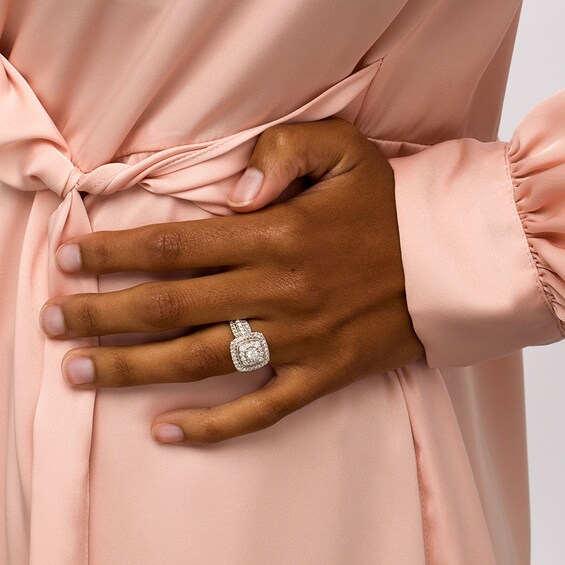 Previously Owned - 1 CT. T.w. Diamond Double Cushion-Shaped Frame Engagement Ring in 10K White Gold (J/I3)