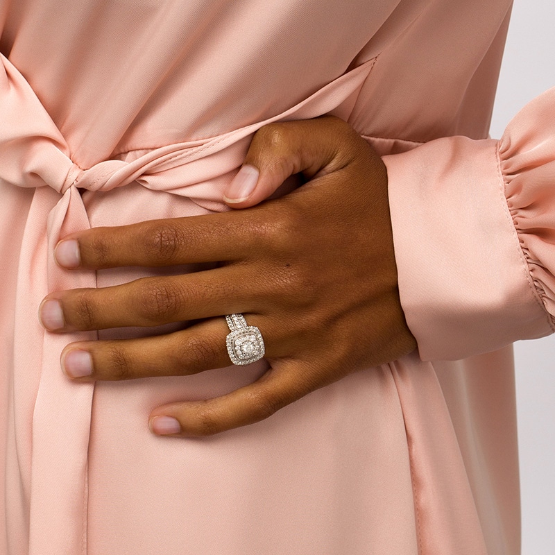 Main Image 2 of Previously Owned - 1 CT. T.W. Diamond Double Cushion-Shaped Frame Engagement Ring in 10K White Gold (J/I3)