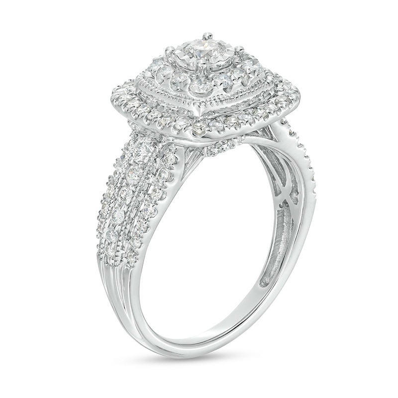 Main Image 3 of Previously Owned - 1 CT. T.W. Diamond Double Cushion-Shaped Frame Engagement Ring in 10K White Gold (J/I3)