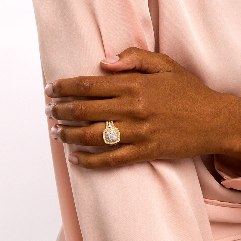 Main Image 2 of Previously Owned - 1 CT. T.W. Princess-Cut Multi-Diamond Cushion-Shaped Frame Triple Row Engagement Ring in 10K Gold