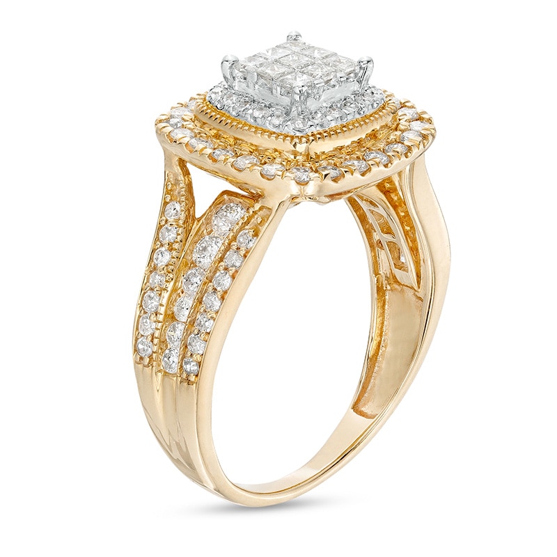 Main Image 3 of Previously Owned - 1 CT. T.W. Princess-Cut Multi-Diamond Cushion-Shaped Frame Triple Row Engagement Ring in 10K Gold