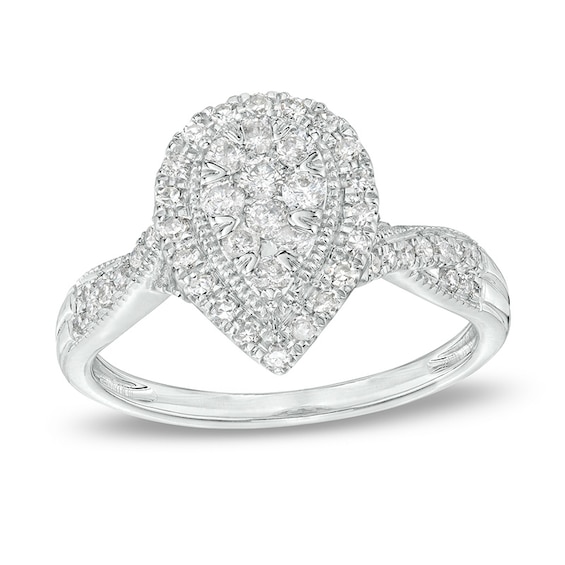 Previously Owned - 1/2 CT. T.w. Pear-Shaped Multi-Diamond Frame Vintage-Style Twist Engagement Ring in 10K White Gold