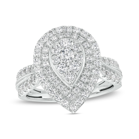 Previously Owned - 1 CT. T.w. Pear-Shaped Multi-Diamond Double Frame Double Row Engagement Ring in 10K White Gold