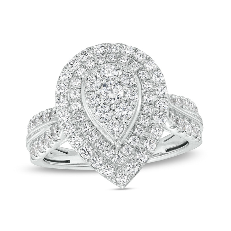 Main Image 1 of Previously Owned - 1 CT. T.W. Pear-Shaped Multi-Diamond Double Frame Double Row Engagement Ring in 10K White Gold