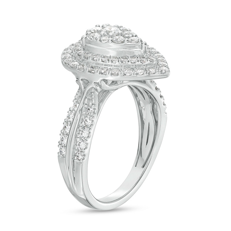 Main Image 3 of Previously Owned - 1 CT. T.W. Pear-Shaped Multi-Diamond Double Frame Double Row Engagement Ring in 10K White Gold