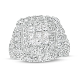 Previously Owned - 2 CT. T.W. Princess Multi-Diamond Double Cushion Frame Multi-Row Engagement Ring in 10K White Gold