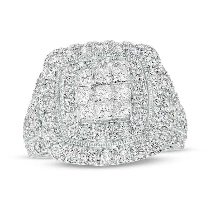 Main Image 1 of Previously Owned - 2 CT. T.W. Princess Multi-Diamond Double Cushion Frame Multi-Row Engagement Ring in 10K White Gold
