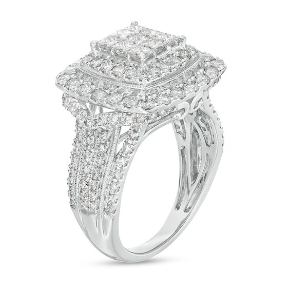 Previously Owned - 2 CT. T.w. Princess Multi-Diamond Double Cushion Frame Multi-Row Engagement Ring in 10K White Gold