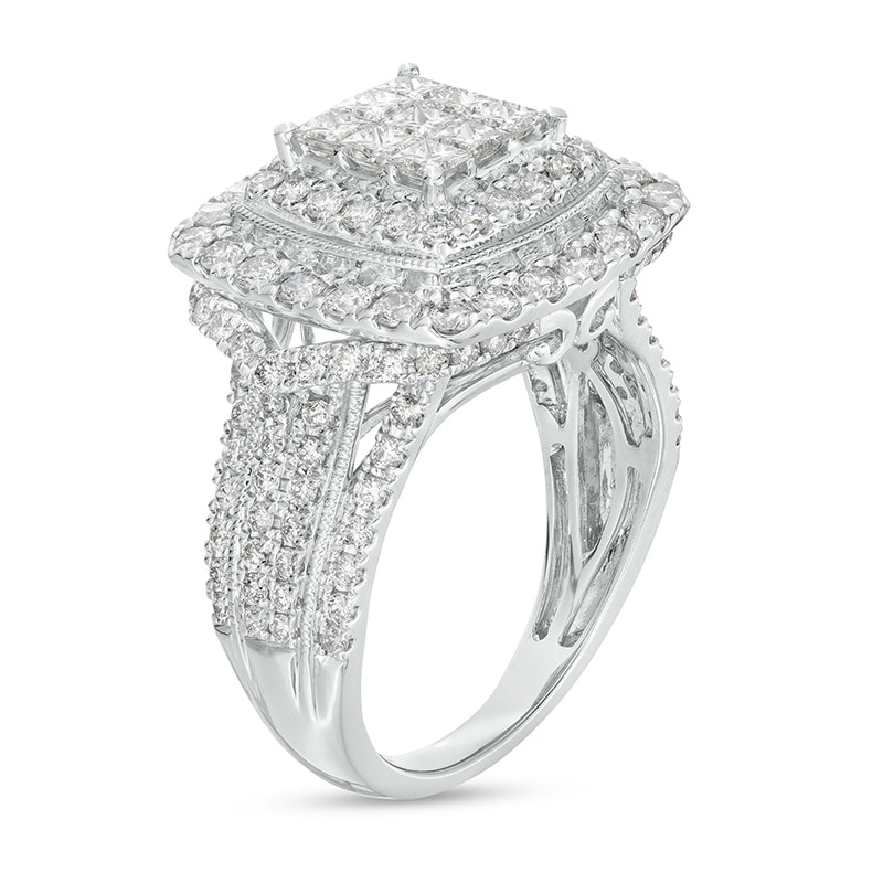 Main Image 3 of Previously Owned - 2 CT. T.W. Princess Multi-Diamond Double Cushion Frame Multi-Row Engagement Ring in 10K White Gold