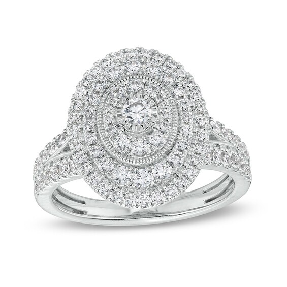 Previously Owned - 1 CT. T.w. Diamond Oval-Shaped Triple Frame Split Shank Engagement Ring in 10K White Gold (J/I3)
