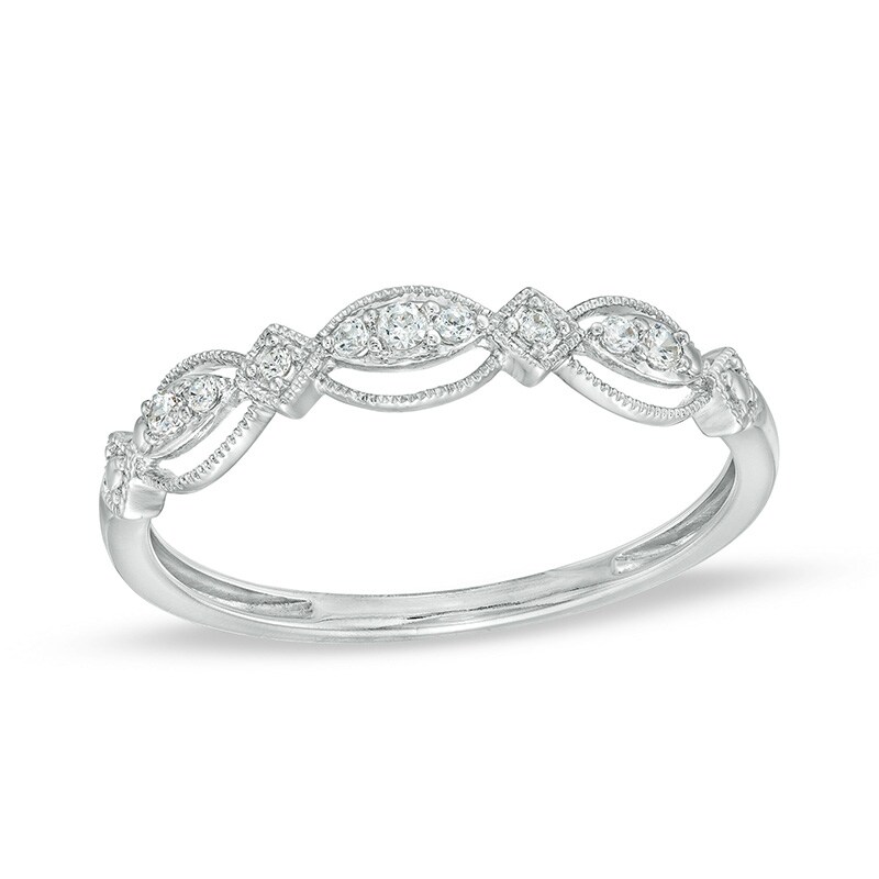 Main Image 1 of Previously Owned - 1/15 CT. T.W. Diamond Vintage-Style Scallop Edge Stackable Anniversary Band in 10K White Gold