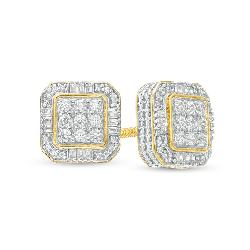 Main Image 1 of Previously Owned - Men's 1/2 CT. T.W. Cushion-Shaped Multi-Diamond Frame Stud Earrings in 10K Gold