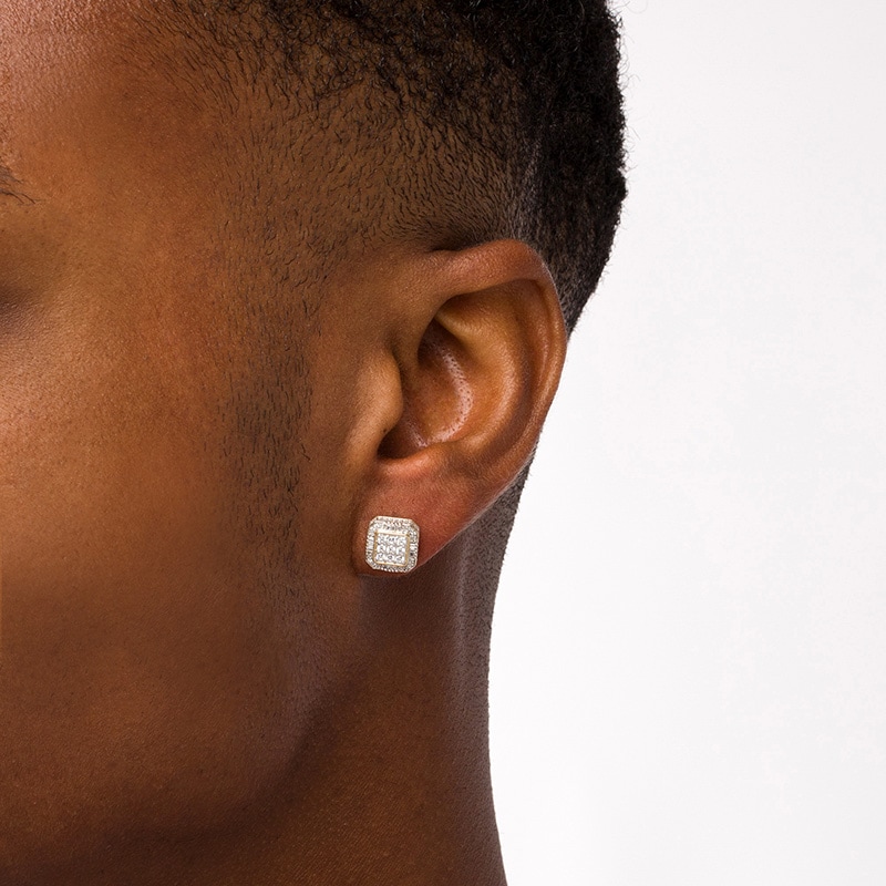 Main Image 2 of Previously Owned - Men's 1/2 CT. T.W. Cushion-Shaped Multi-Diamond Frame Stud Earrings in 10K Gold
