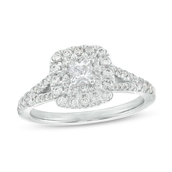 Previously Owned - 1 CT. T.w. Princess-Cut Diamond Double Cushion Frame Split Shank Engagement Ring in 14K White Gold