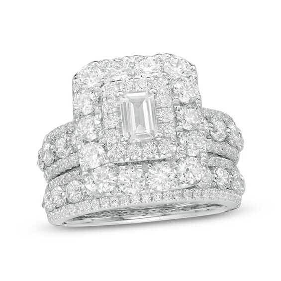 Previously Owned - 4 CT. T.w. Emerald-Cut Diamond Double Frame Multi-Row Bridal Set in 14K White Gold (I/I1)