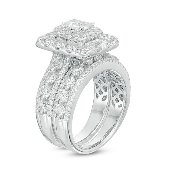 Previously Owned - 4 CT. T.w. Emerald-Cut Diamond Double Frame Multi-Row Bridal Set in 14K White Gold (I/I1)