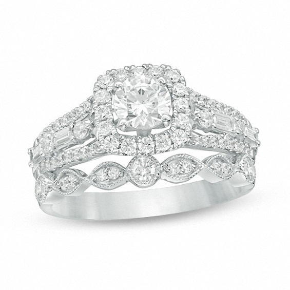 Previously Owned - 1-1/5 CT. T.w. Diamond Cushion Frame Bridal Set in 14K White Gold