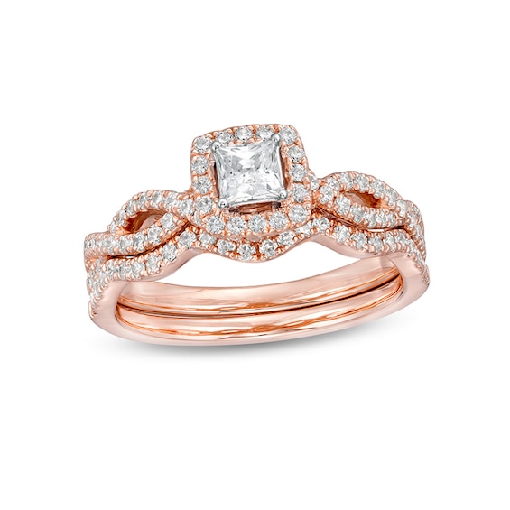 Previously Owned - 1 CT. T.w. Princess-Cut Diamond Frame Split Shank Bridal Set in 14K Rose Gold (I/I2)
