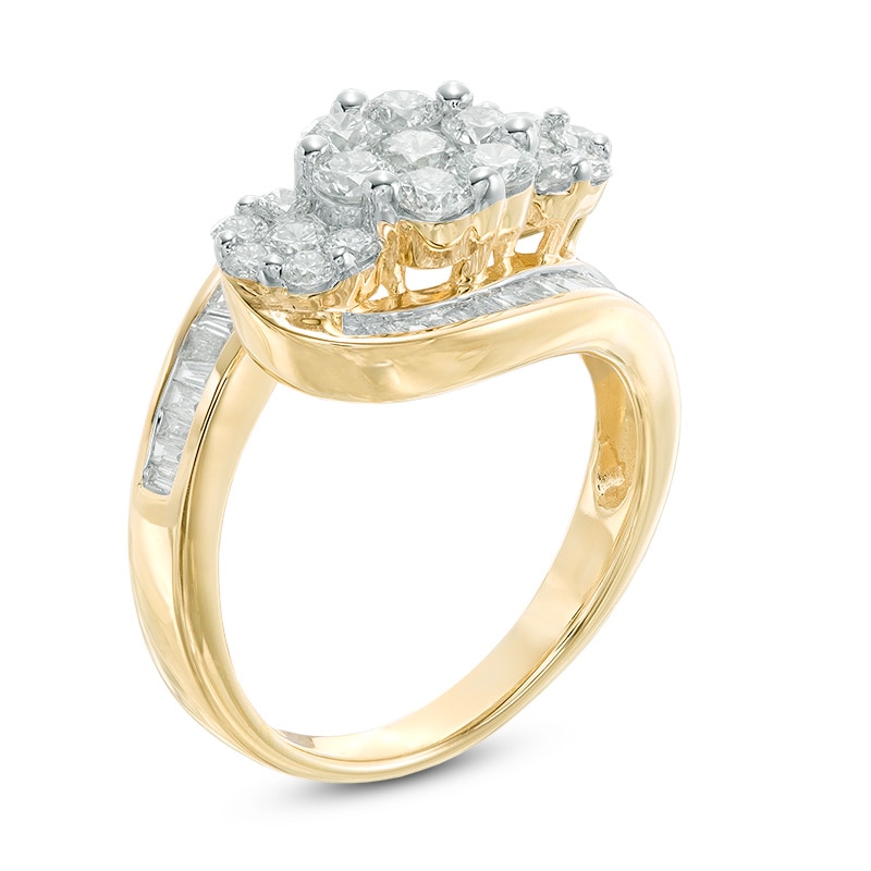 Main Image 2 of Previously Owned - 1-1/2 CT. T.W. Multi-Diamond Three Flower Bypass Ring in 14K Gold