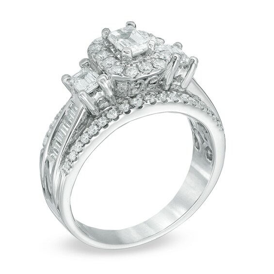 Previously Owned - 1-1/2 CT. T.w. Emerald-Cut Diamond Frame Past Present FutureÂ® Ring in 14K White Gold