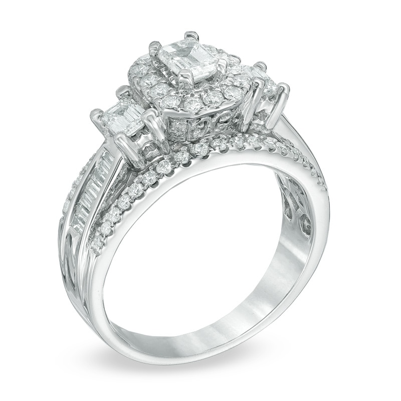 Main Image 2 of Previously Owned - 1-1/2 CT. T.W. Emerald-Cut Diamond Frame Past Present Future® Ring in 14K White Gold