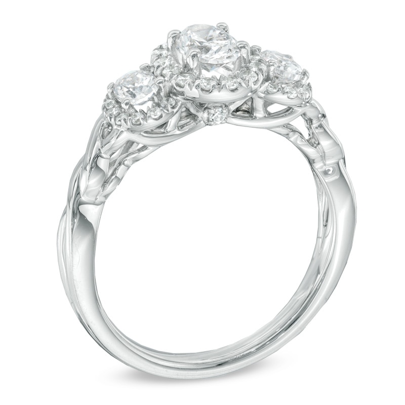 Main Image 2 of Previously Owned - Celebration Ideal 1 CT. T.W. Oval Diamond Three Stone Engagement Ring in 14K White Gold (I/I1)
