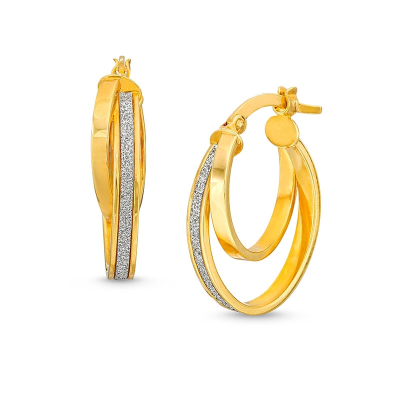 Main Image 1 of Previously Owned - Italian Gold Glitter Enamel Double Hoop Earrings in Hollow 14K Gold