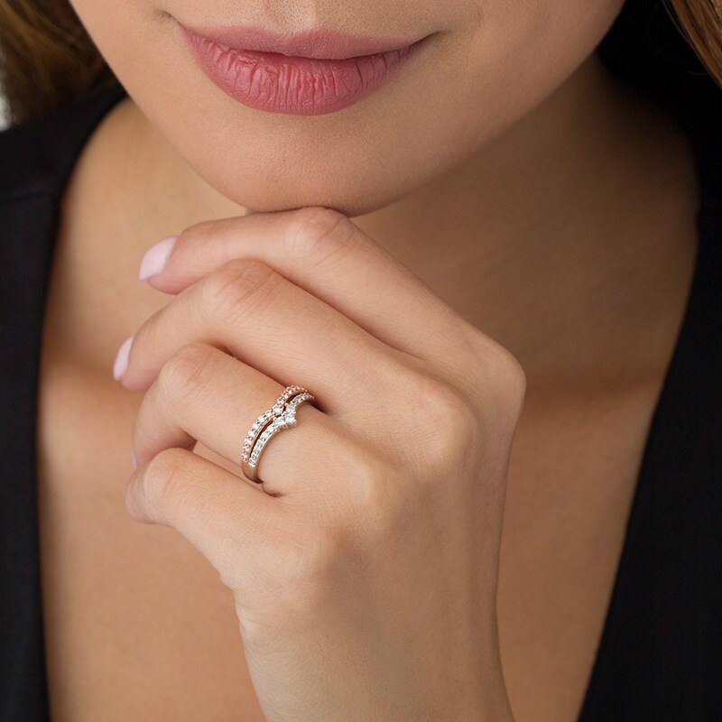 Main Image 3 of Previously Owned - 1/2 CT. T.W. Princess-Cut and Round Diamond Double Chevron Anniversary Band in 14K Two-Tone Gold