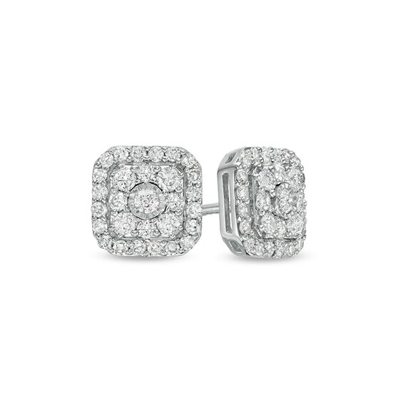 Previously Owned - 1/2 CT. T.w. Cushion-Shaped Multi-Diamond Frame Stud Earrings in 10K White Gold
