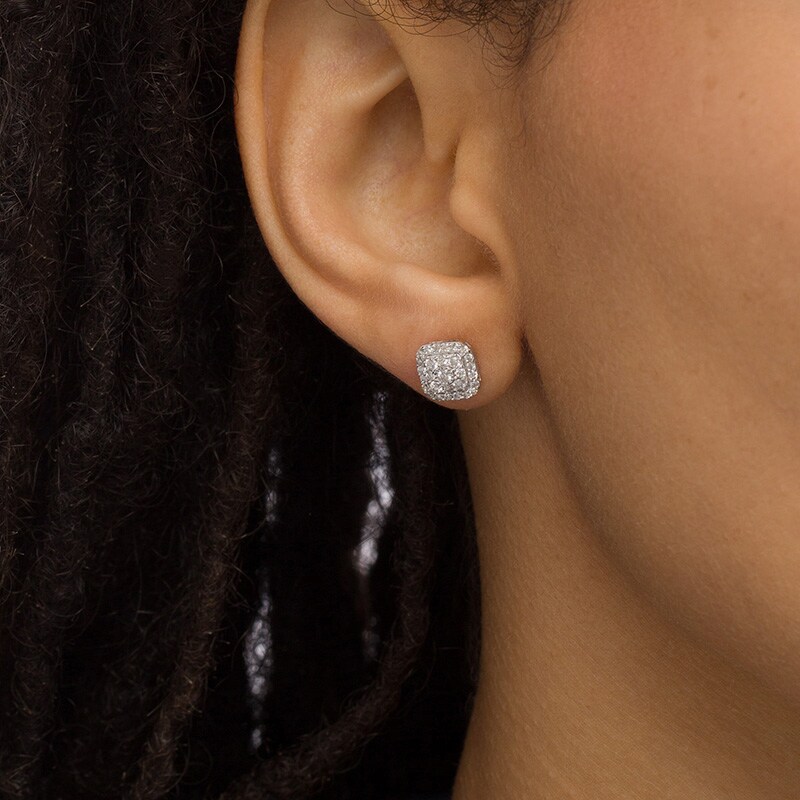Main Image 2 of Previously Owned - 1/2 CT. T.W. Cushion-Shaped Multi-Diamond Frame Stud Earrings in 10K White Gold