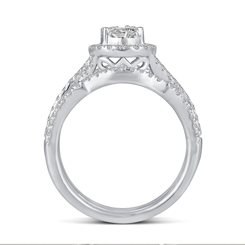 Main Image 3 of Previously Owned - 1-1/5 CT. T.W. Composite Oval Diamond Frame Three Piece Bridal Set in 14K White Gold