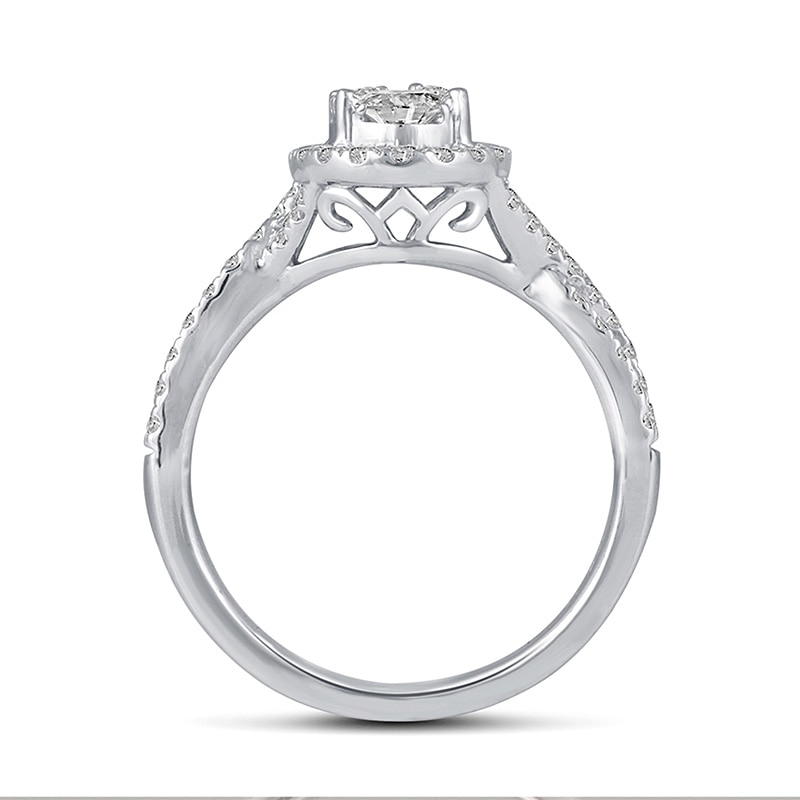 Main Image 4 of Previously Owned - 1-1/5 CT. T.W. Composite Oval Diamond Frame Three Piece Bridal Set in 14K White Gold