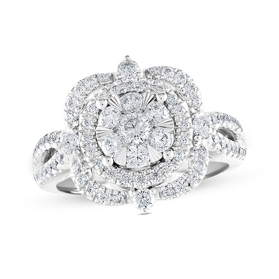 Previously Owned - 1-1/4 CT. T.w. Multi-Diamond Double Cushion-Shaped Frame Twist Shank Engagement Ring in 14K White Gold