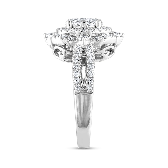 Previously Owned - 1-1/4 CT. T.w. Multi-Diamond Double Cushion-Shaped Frame Twist Shank Engagement Ring in 14K White Gold