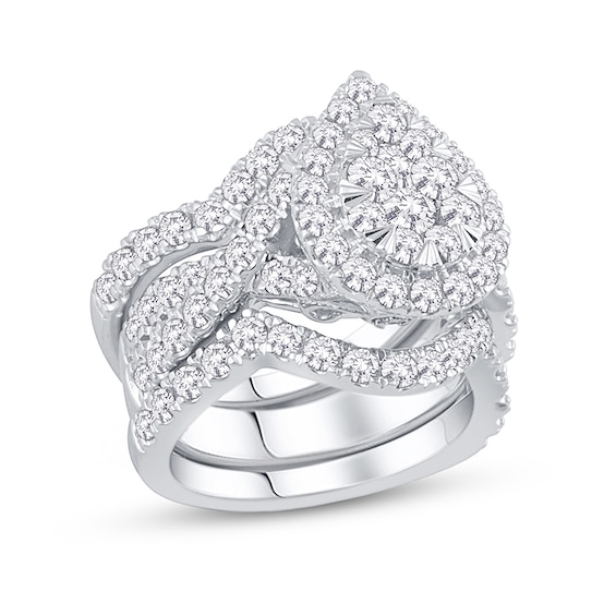 Previously Owned - 2 CT. T.w. Pear-Shaped Multi-Diamond Three Piece Bridal Set in 14K White Gold