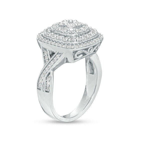 Previously Owned - 1 CT. T.w. Cushion-Shaped Multi-Diamond Triple Framed Twist Shank Ring in 10K White Gold