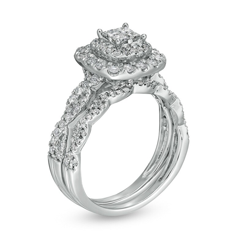 Main Image 3 of Previously Owned - 1 CT. T.W. Quad Princess-Cut Diamond Double Cushion Frame Twist Shank Bridal Set in 14K White Gold