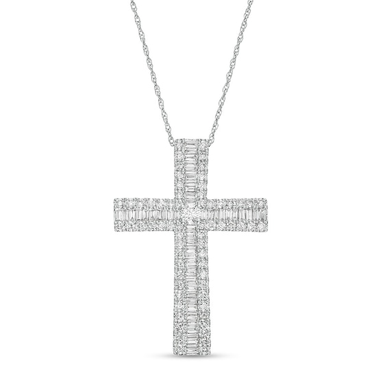 Previously Owned - 1 CT. T.w. Baguette and Round Diamond Triple Row Cross Pendant in 10K White Gold