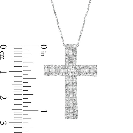 Previously Owned - 1 CT. T.w. Baguette and Round Diamond Triple Row Cross Pendant in 10K White Gold