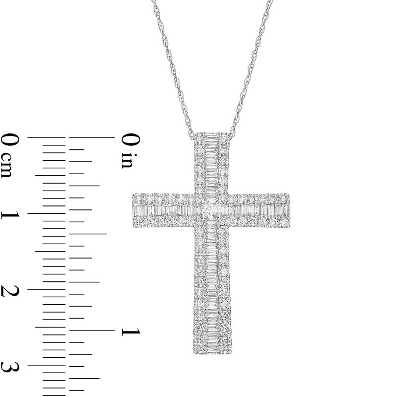 Main Image 3 of Previously Owned - 1 CT. T.W. Baguette and Round Diamond Triple Row Cross Pendant in 10K White Gold