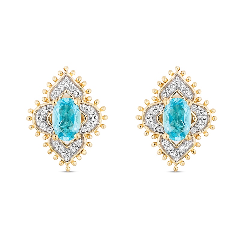 Main Image 2 of Previously Owned - Enchanted Disney Jasmine Oval Swiss Blue Topaz and 1/6 CT. T.W. Diamond Stud Earrings in 10K Gold