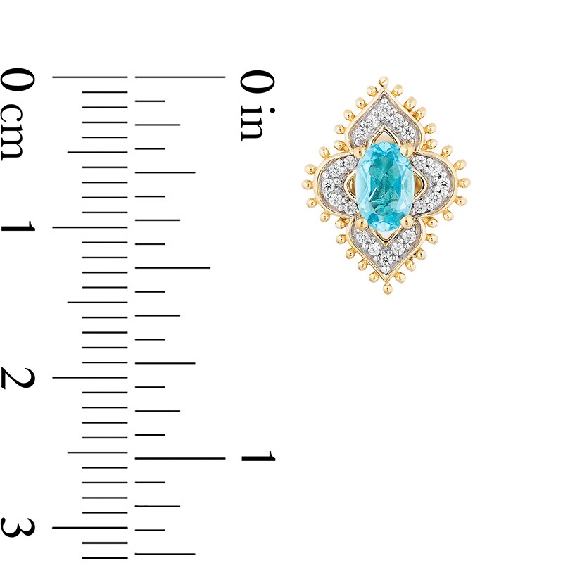 Main Image 3 of Previously Owned - Enchanted Disney Jasmine Oval Swiss Blue Topaz and 1/6 CT. T.W. Diamond Stud Earrings in 10K Gold