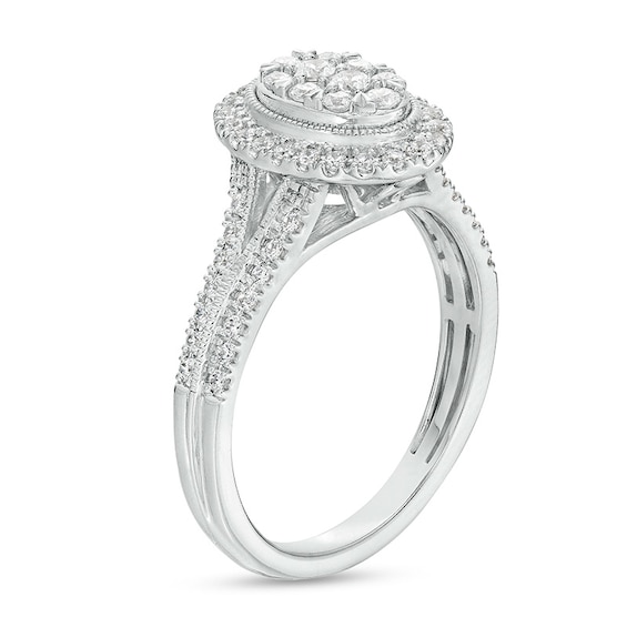 Previously Owned - 1/2 CT. T.w. Oval Multi-Diamond Frame Split Shank Engagement Ring in 10K White Gold