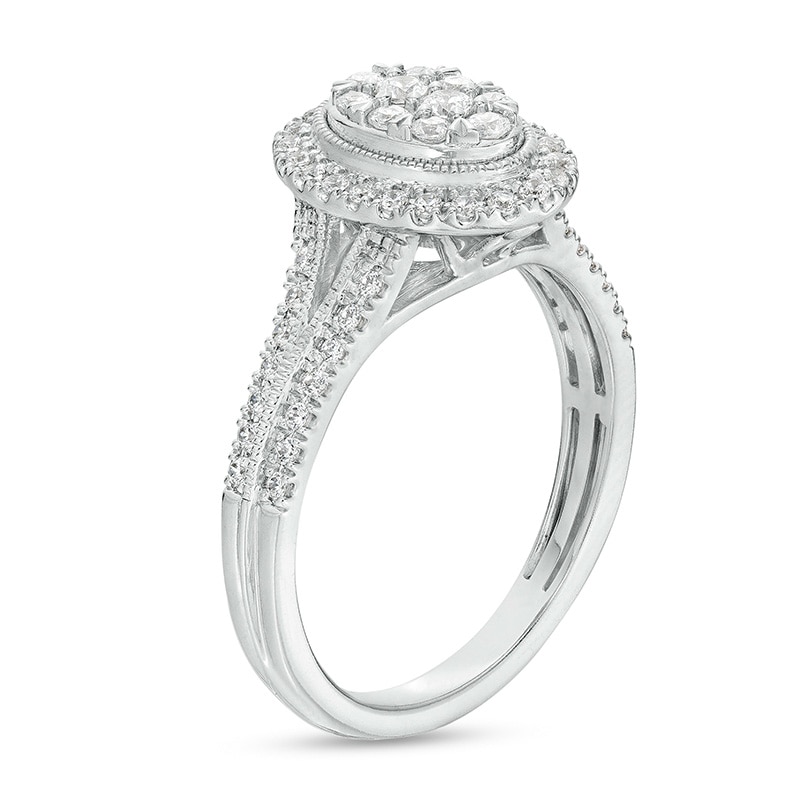 Main Image 3 of Previously Owned - 1/2 CT. T.W. Oval Multi-Diamond Frame Split Shank Engagement Ring in 10K White Gold
