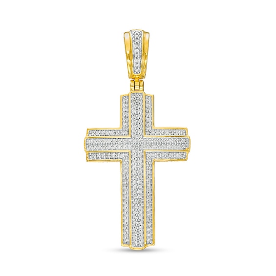 Previously Owned - 1/2 CT. T.w. Diamond Cross Triple Row Necklace Charm in 10K Gold